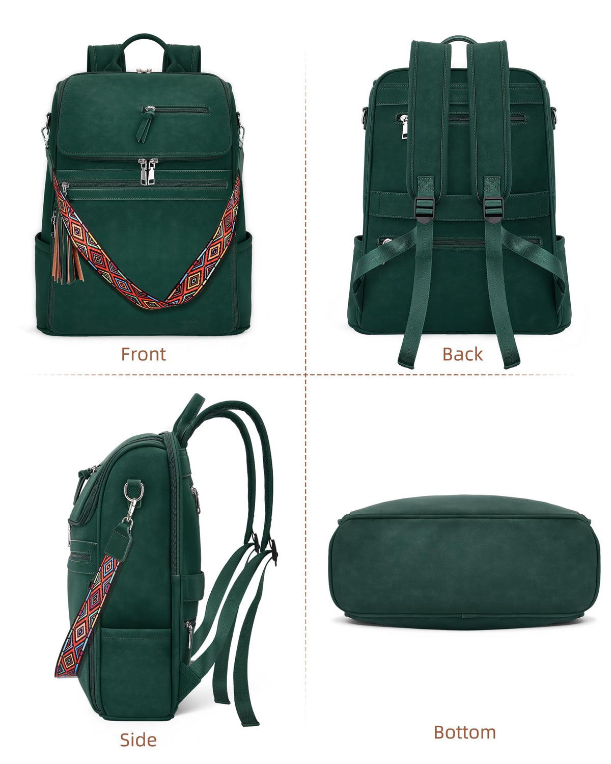 SYTRAH Leather Laptop Backpack for Women Designer Laptop Bag, 16.5 inch Travel Computer Backpacks Purse with Tassel for Work Business with Satchel Purse Green