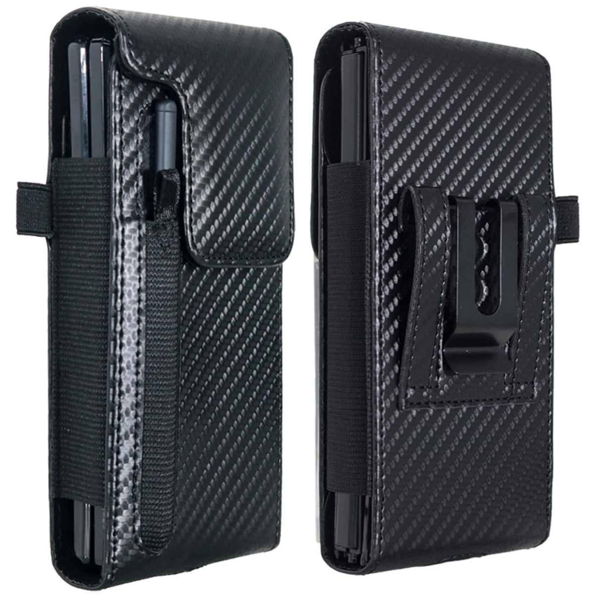 CusPra Holster Pouch for Samsung Galaxy Z Fold 8/7/6/5/4/3 with S Pen Holder & Belt Clip & Card Holder, Luxury Carbon Fiber Leather Holster Case with Belt Loop&Metal Clip&Magnetic Closuer (Vertical)