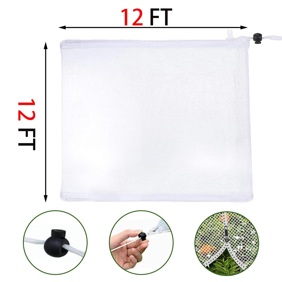 12'x12' Large Fruit Tree Netting with Zipper - Protects Fruit from Squirrels, Birds & Pests, Heavy-Duty Tree Covers for Fruit Trees (White)