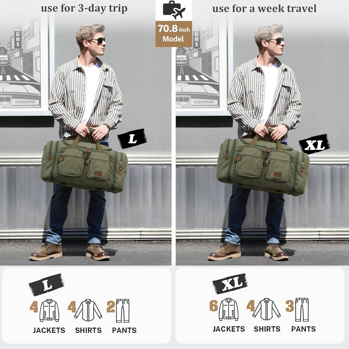 Gonex Canvas Duffle Bag for Travel, Expandable Water Resistant 60L Carry on Duffel Overnight Weekender Gym Bag with Wet Dry Separation Pocket & Suitcase Handle Sleeve, Army Green