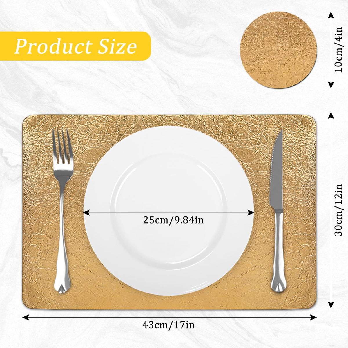 comfoyar Faux Leather Placemats Set of 6 with Coasters, 12x17inch Non-Slip Heat Resistant Dual-Sided Gold Crackled Place Mats, Washable Waterproof Table Mats for Kitchen Dining Party Table Decoration