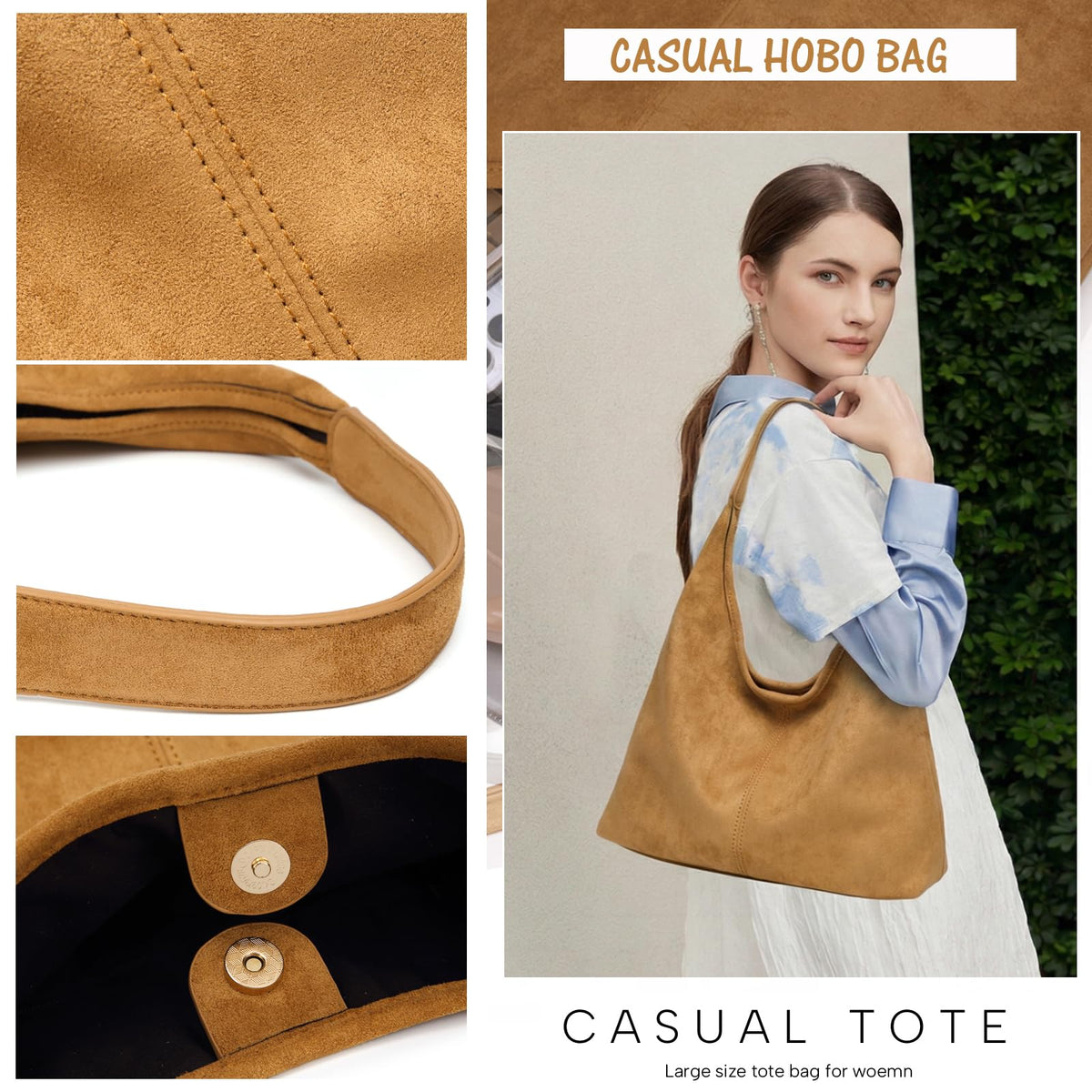 Casual Hobo Bag for Women Soft Shoulder Bags Slouchy Pu Leather Tote Purses for Work Travel