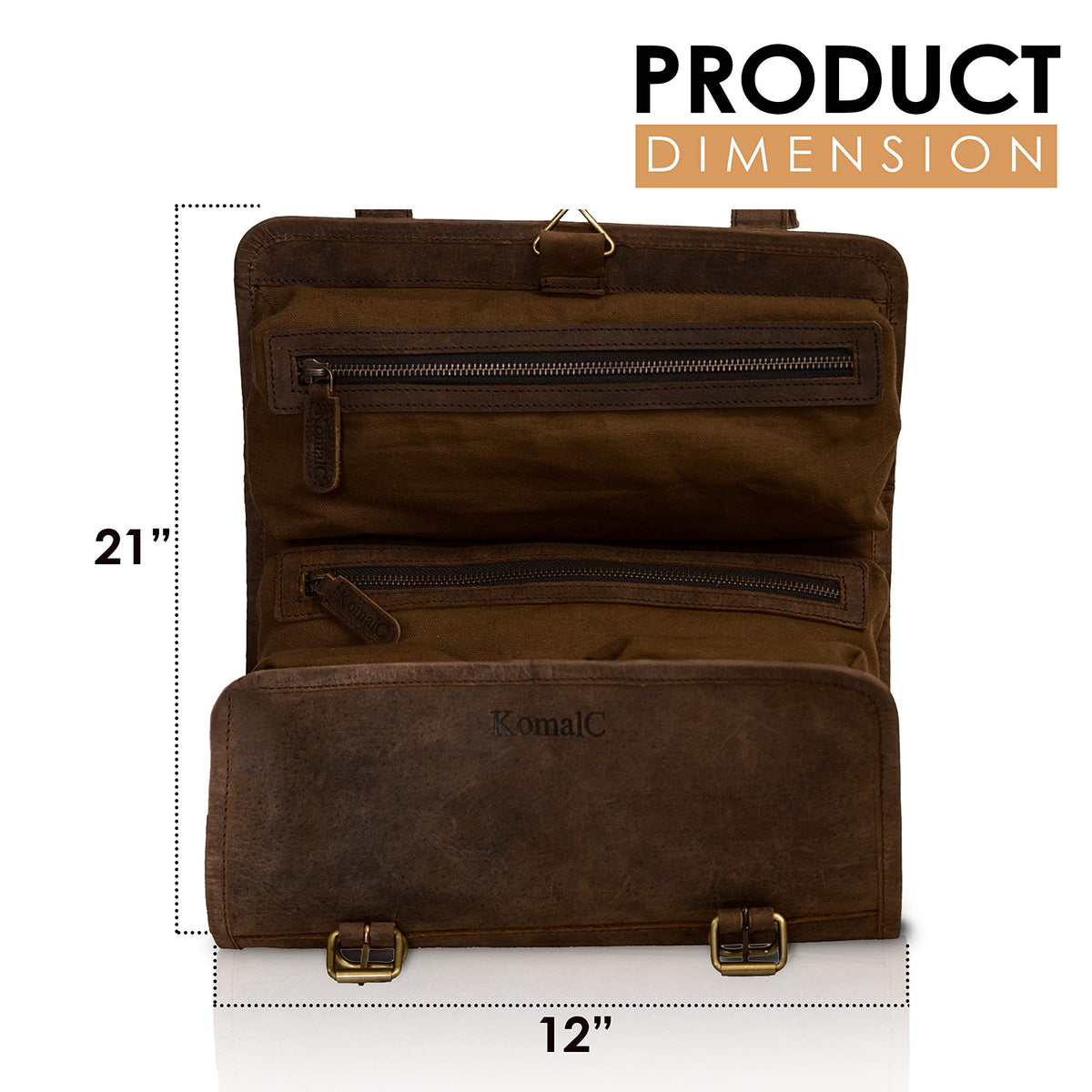 KomalC Premium Buffalo Leather Hanging Toiletry Bag Travel Dopp Kit (Distressed Tan)