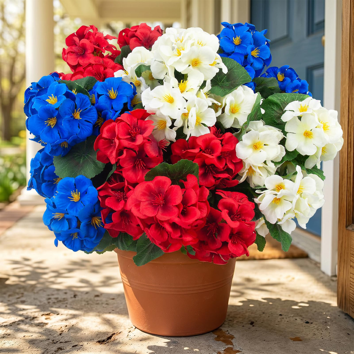 Hananona 6 Pcs Artificial Geranium Flowers for Outdoors Geranium Silk Flowers Outdoor UV Resistant Plants Faux Patriotic Flowers for 4th of July Home Kitchen Table Centerpieces Decor (6, RedWhiteBlue)