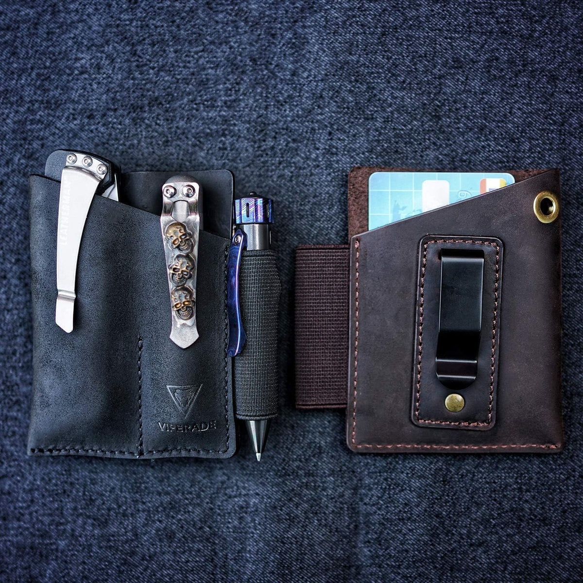 VIPERADE PJ12 Leather EDC Pocket Organizer for Belt, Multitool and Flashlight Holster, Leather EDC Holster with Pen Loop, EDC Leather Knife Sheath with Belt Clip
