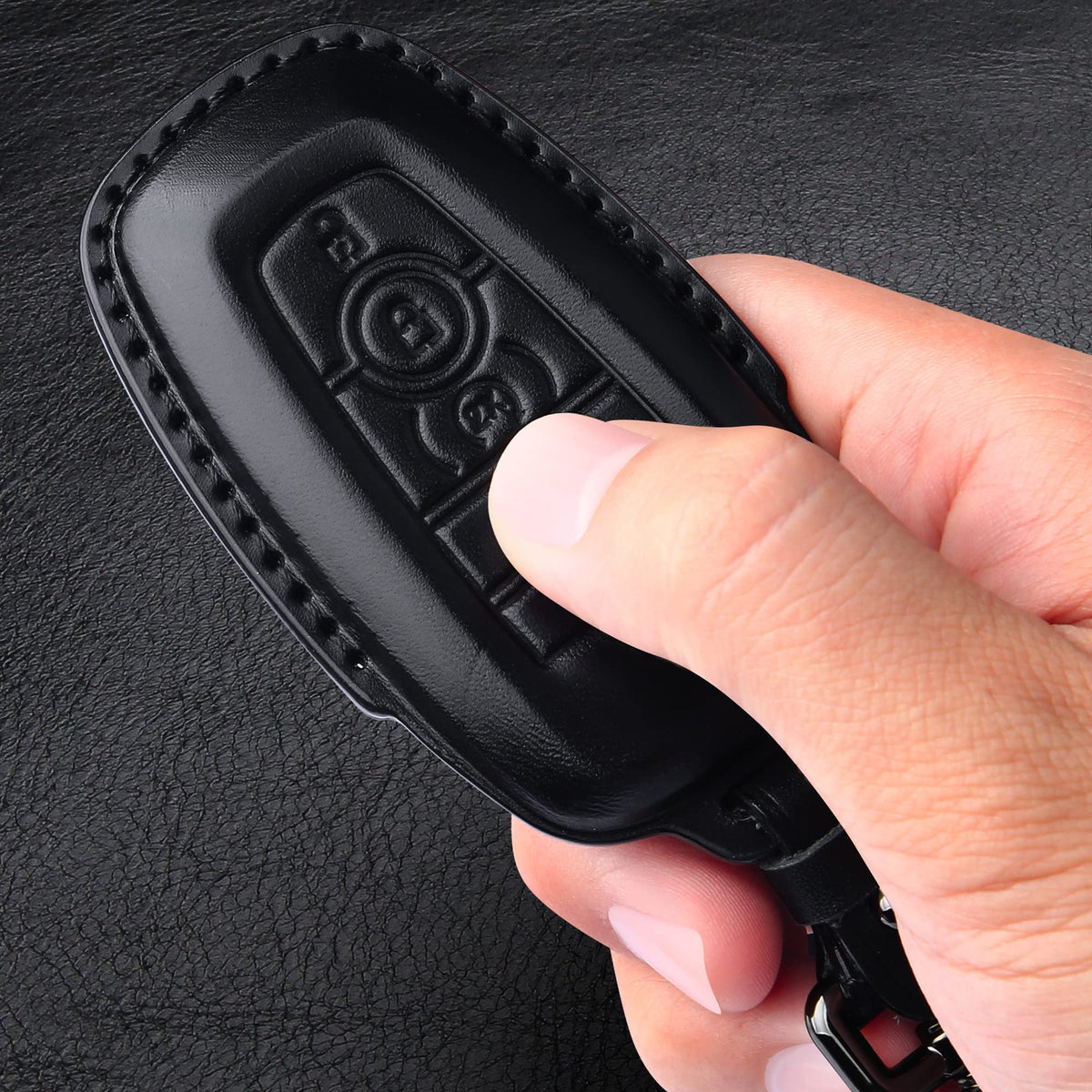 Tukellen for Ford Leather Key Fob Cover with Keychain Compatible with Ford Explorer Mustang Fusion Escape F150 F250 F350 F450 F550 Edge-Black
