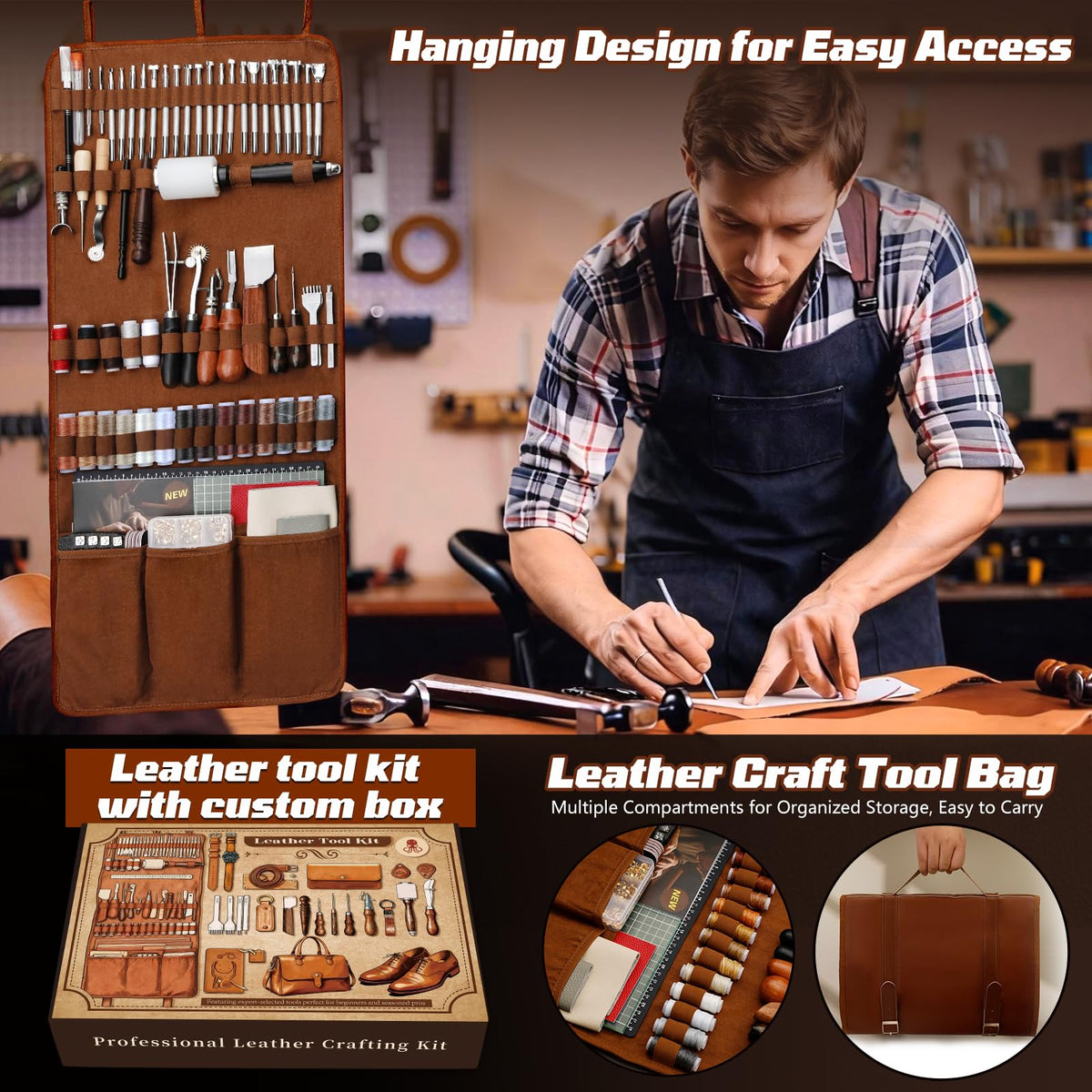 CBHGFEA Leather Working Kit, Leather Working Tools and Crafting Kit with Custom Storage Bag, Engraving, Cutting, Sewing, Stamping, Sanding Supplies for DIY Handicraft Making and Repair