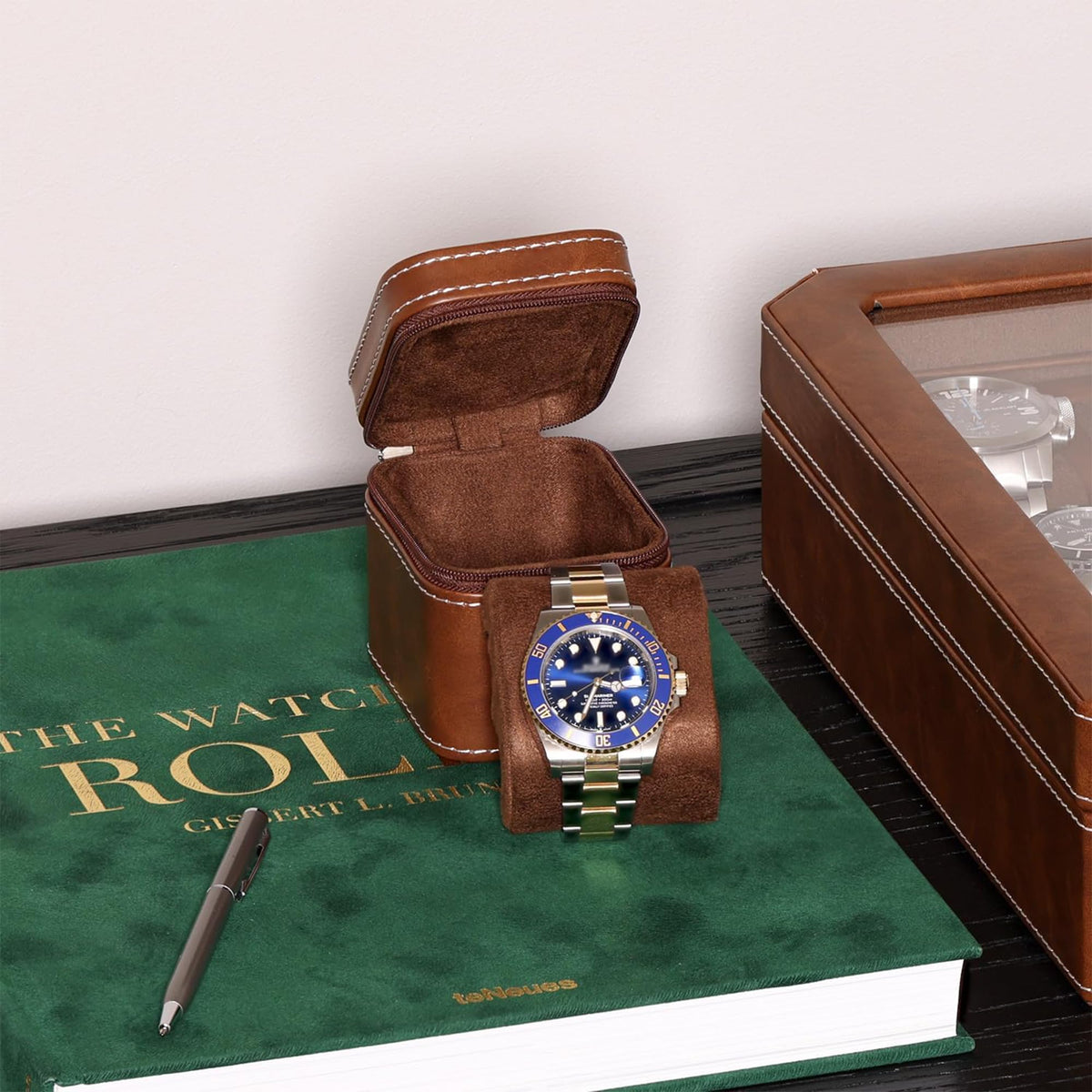 ROTHWELL Single Watch Travel Case | Compact PU Leather Protective Box with Microsuede Interior | Fits Watches & Smartwatches Up to 55mm (Tan/Brown)