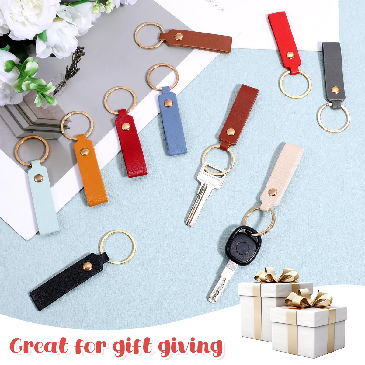 YQQYG 100 Pcs Leather Keychain Blanks Bulk for DIY Crafting, PU Leather Keychains with Metal Rings & Rivets for Engraving, Multicolor Key Chains Bulk