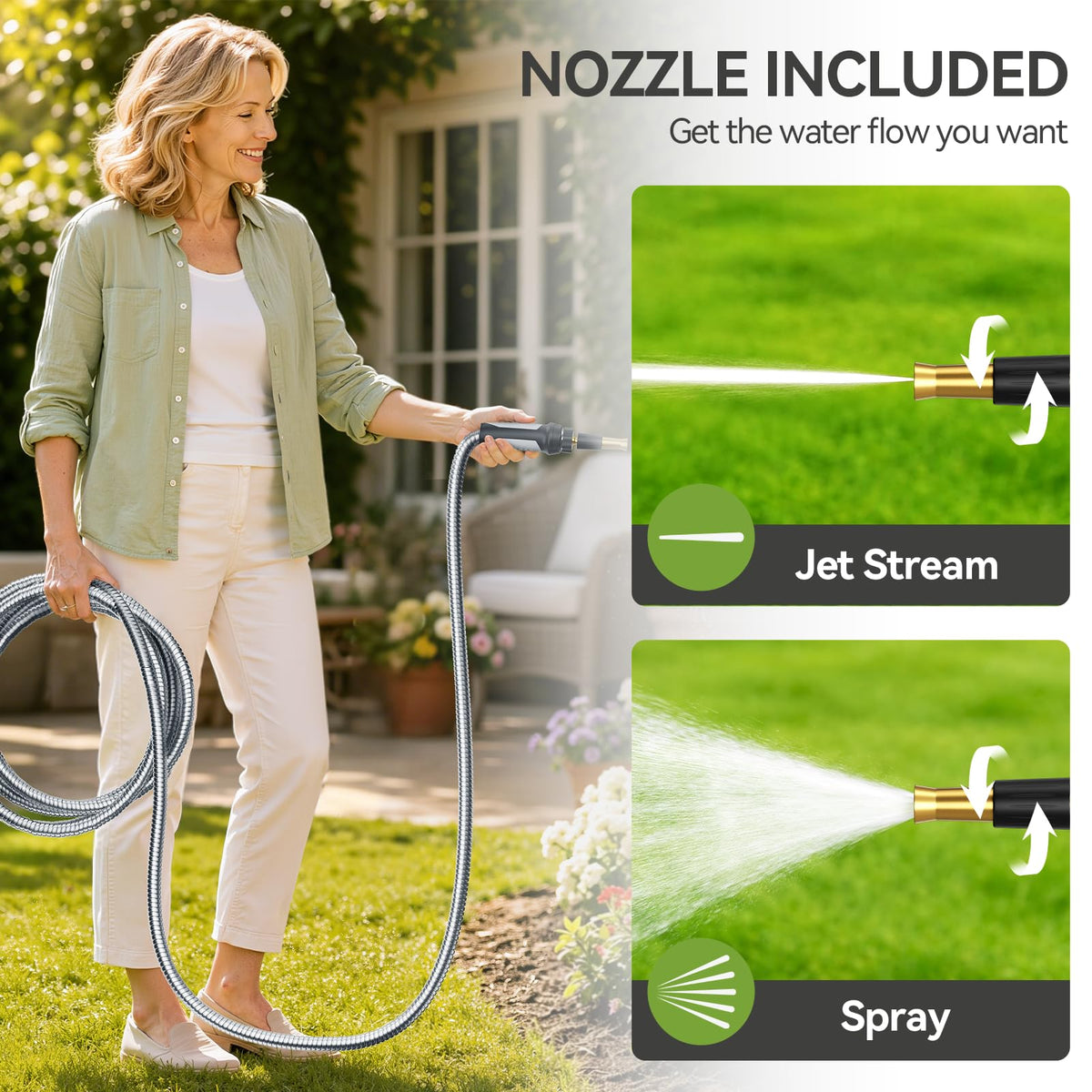 SPECILITE Expandable Garden Hose 75 FT, 304 Stainless Steel Heavy Duty Metal Water Pipe with Adjustable Nozzle - Flexible, Kink Free, Leak-Proof, Lightweight, for Outdoor, Yard, Lawn, Car Washing