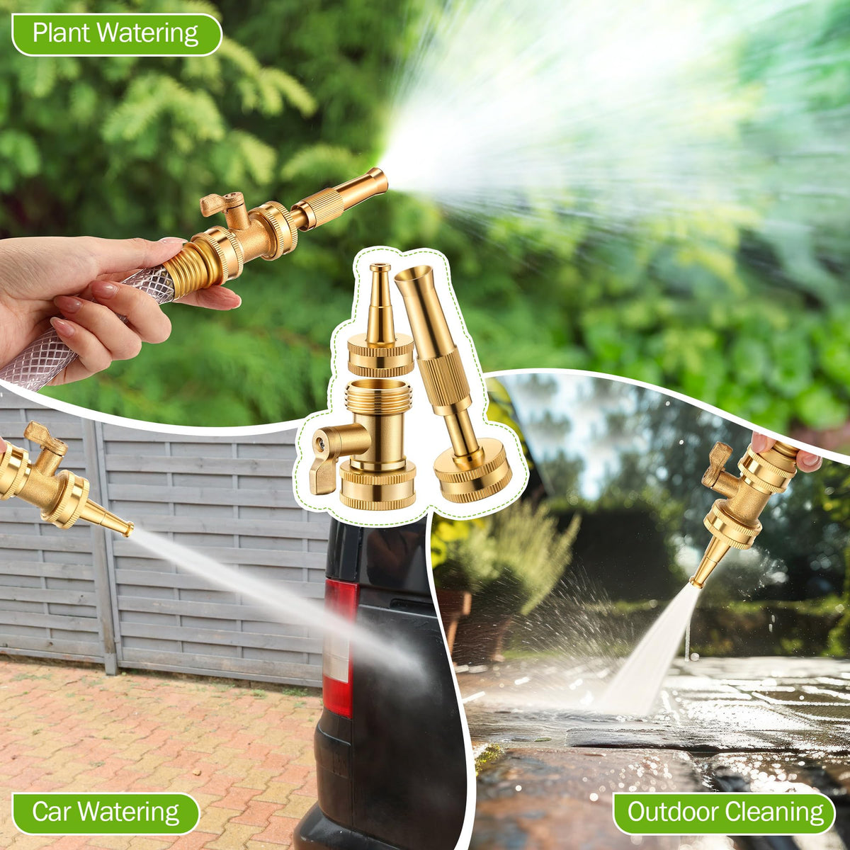 Dunkive 3 Pcs Garden Hose Nozzle Kit, 4" Brass Adjustable Twist Nozzle, Jet High Pressure Water Sprayer, Brass Hose Shut Off Valve with 10 Rubber Washers, 3/4" GHT Connector for Garden Sprinkler