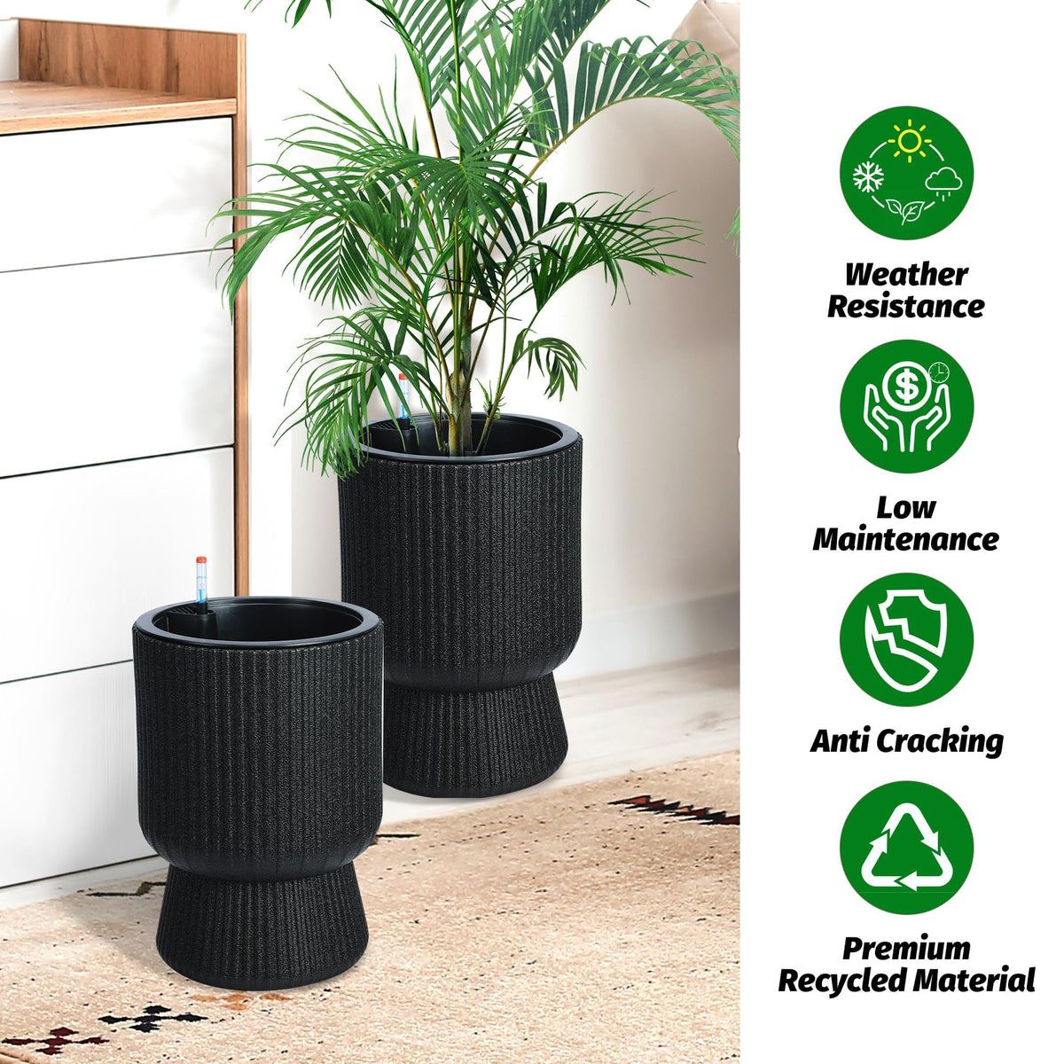 CABIHOME 14.2" Tall Planters, 2packs-Large Planter for Outdoor Plants, Flower Pots with Water Level Monitor, for Patio, Porch, Living Room, Home Office, for Outdoor & Indoor Plants, Classic White