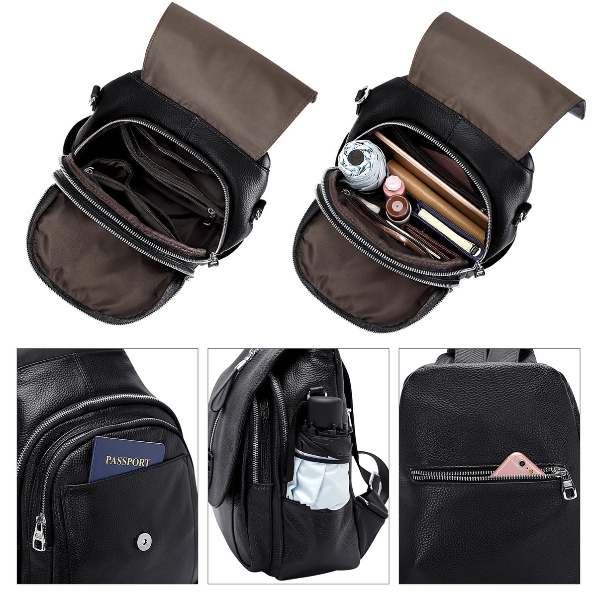 ALTOSY Genuine Leather Backpack Purse for Women Convertible Shoulder Bag with Buckle Flap (S85 Black)