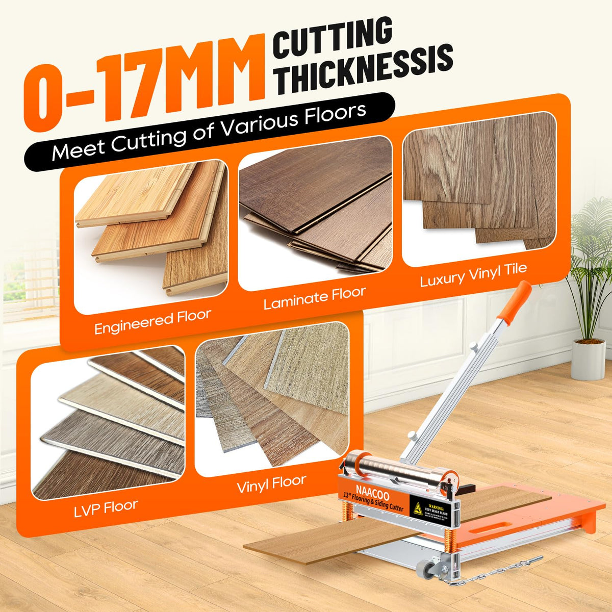 NAACOO 17mm Heavy Duty Laminate/Vinyl Floor Cutter, 13โ Vinyl Plank Cutter with Wheel โ Just 1 Step Meet Angle&Length Cutting, Flooring Tools - Cuts Laminate Floor, Engineer Wood, LVP/T, VCT, SPC, WPC