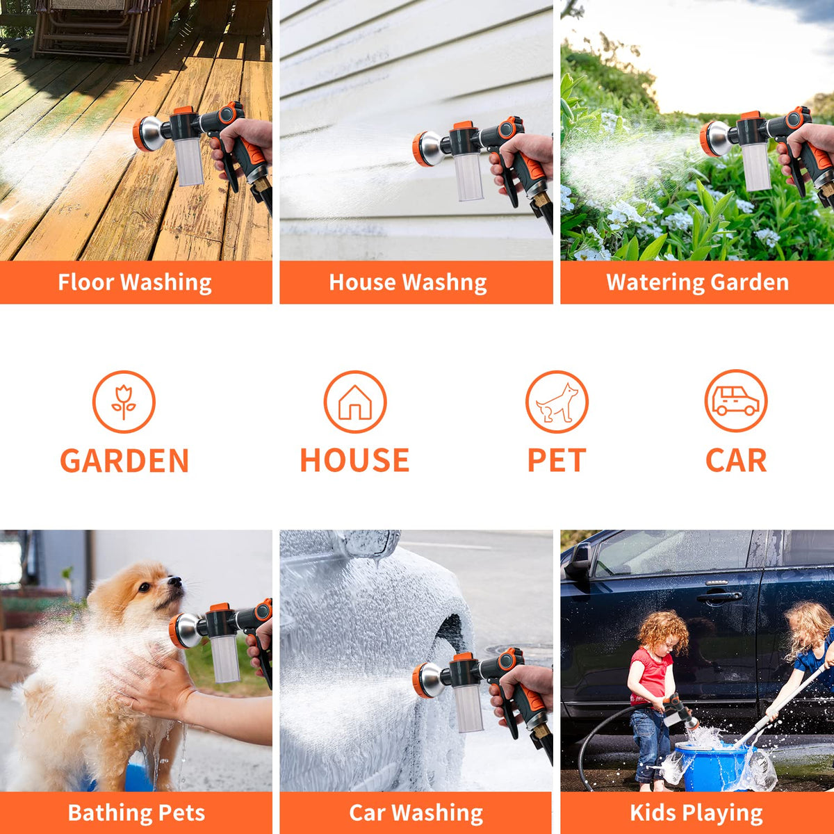 Garden Hose Nozzle,8 Patterns Hose Sprayer High Pressure,Heavy Duty Dog Wash,Metal Water Hose Nozzle with Soap Dispenser,Car Wash Foam Gun