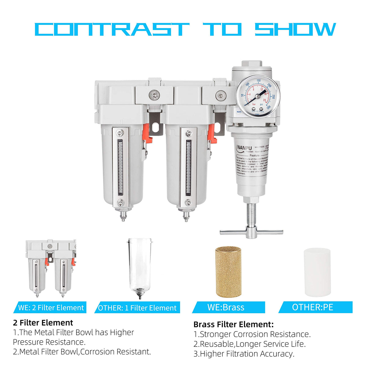 NANPU 3/8" NPT T-Handle High Pressure Air Drying System - Double 5 Micron Particulate Filter & Air Pressure Regulator Piston Combo, Semi-Auto Drain&Gauge