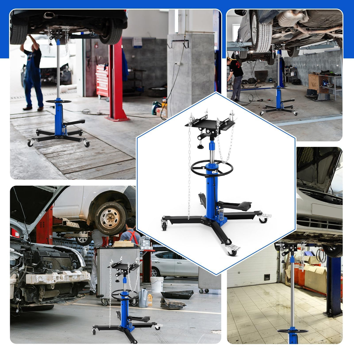 Transmission Jack, 1100 LBS Heavy Duty Hydraulic Telescoping Transmission Jack, 34"-68" High Lift with Foot Pedal, 360° Swivel Wheels, Blue