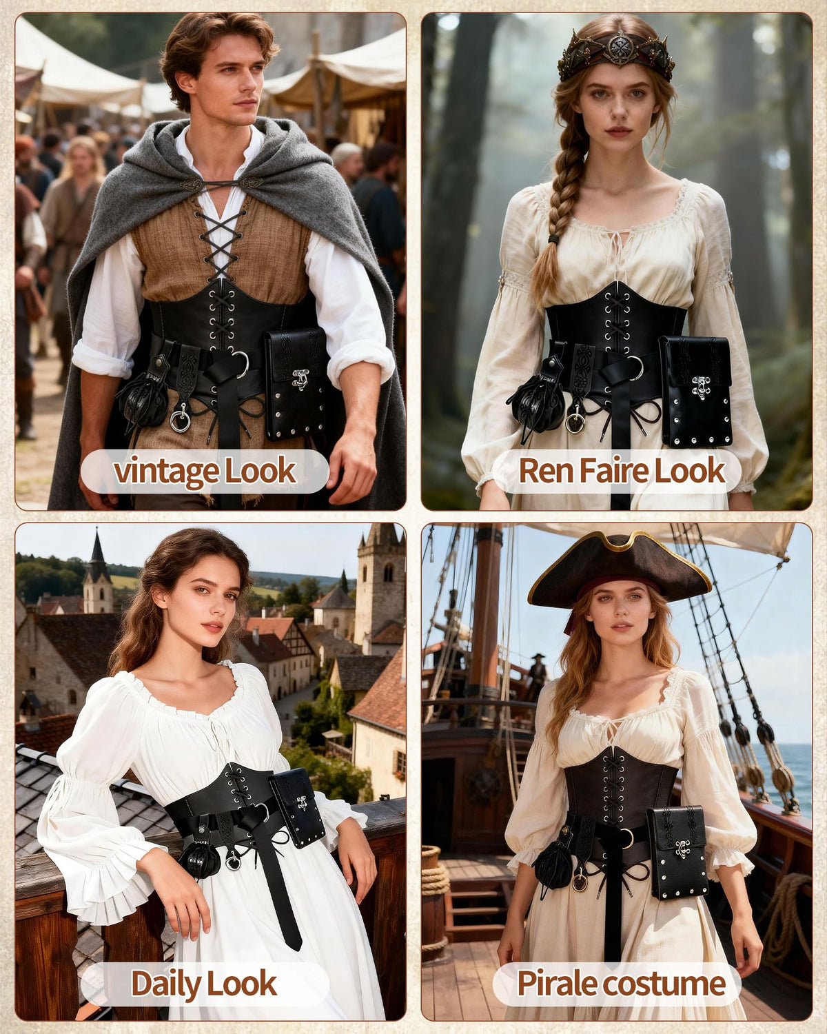 PARTTELY 5Pcs Corset Belt Renaissance Costume Women Pirate Accessories Lace-up Renaissance Corset with Belt Bag Pirate Costume Women for Cosplay