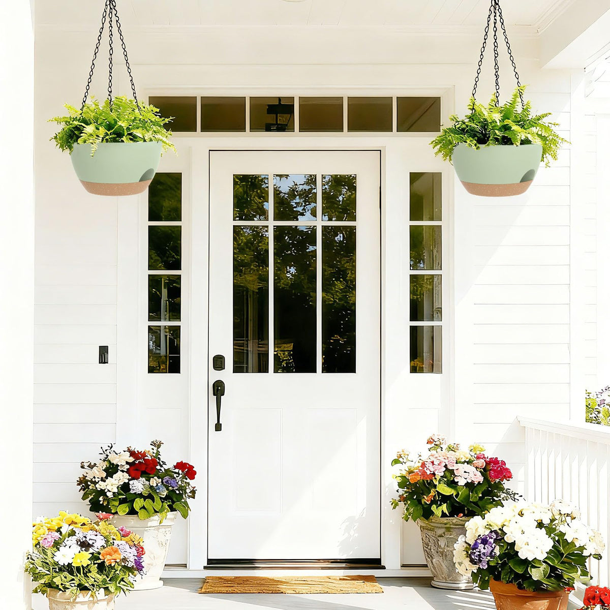 SQKH 8 Inch Hanging Planters for Indoor Outdoor Plants, 4 Pack Green Brown Plastic Self Watering Hanging Baskets with Drainage Holes and Chain for Garden Porch