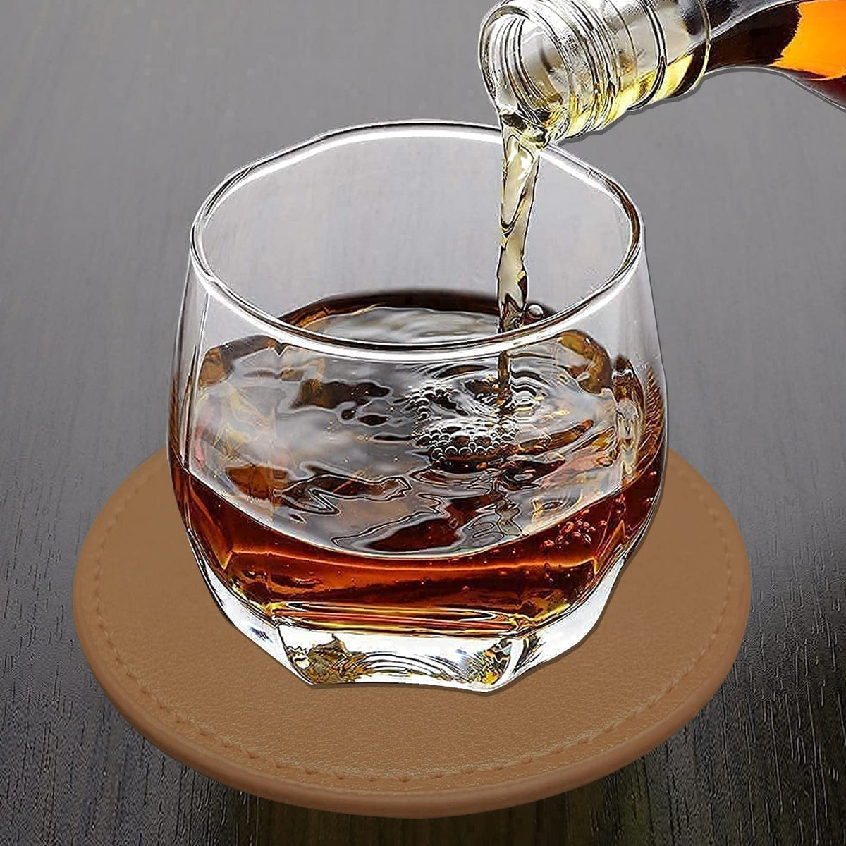 KEMMPER Coasters Set of 6 Soft Leather Drink Coaster Round Coaster with Sewing Around, Suitable for Various Cups, Wooden Tables,Home Decoration,4 Inches(Brown)
