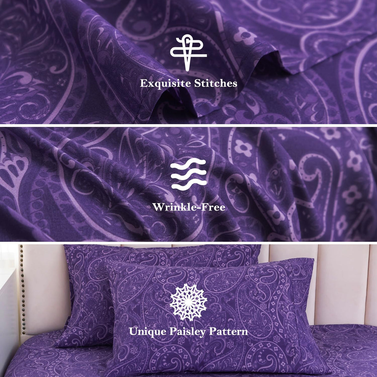 KACEMOO Cal King Sheet Set, California King Size Bed Sheets, Deep Pocket Purple Paisley Sheets Set, Soft Fitted Sheets Set Microfiber Breathable