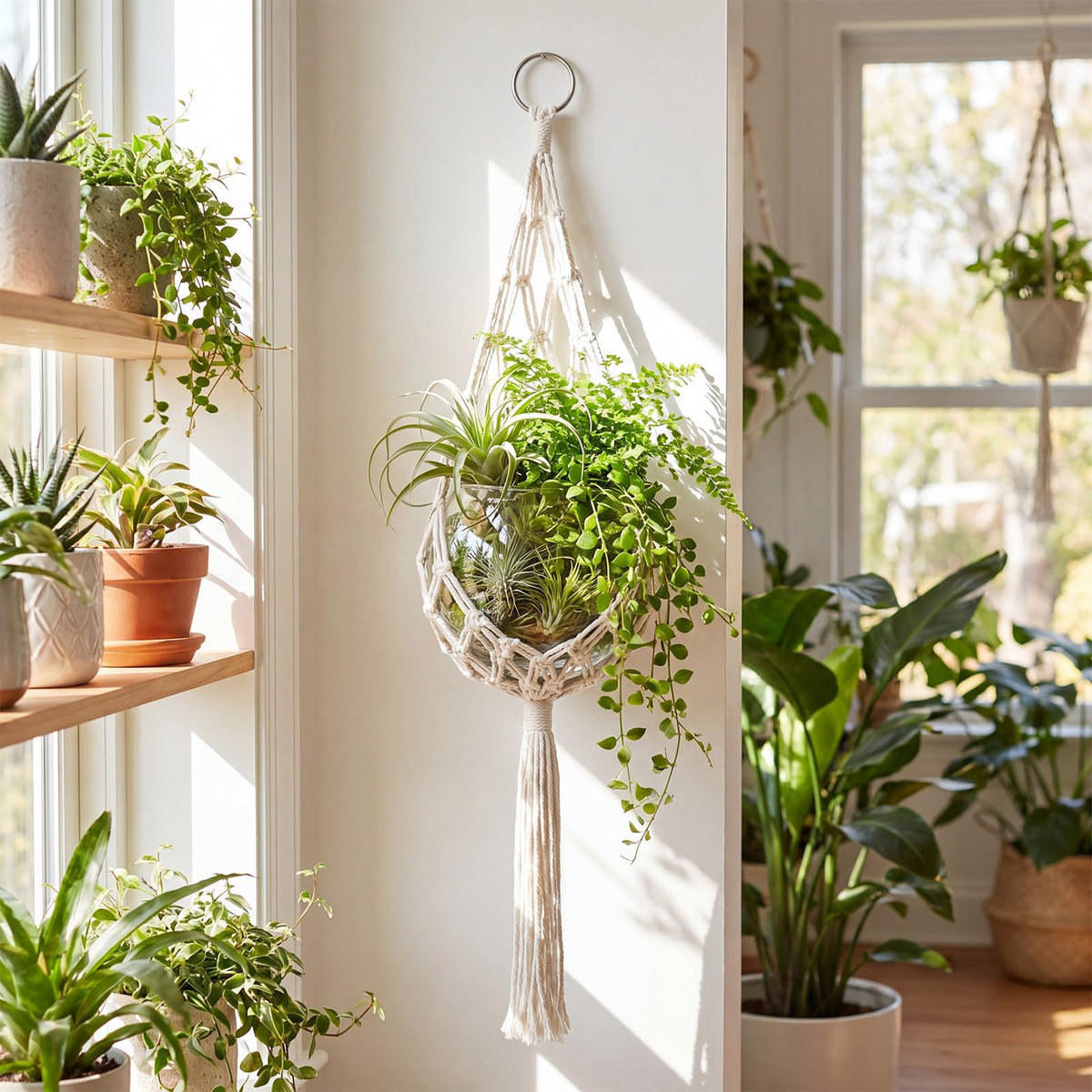 Junkin 1 Set Handmade Macrame Plant Hanger with Plastic Bowl Fish Tank, Cotton Rope Hanging Planter Basket for Indoor Outdoor Wall Decor, Boho Style, No Plant Included