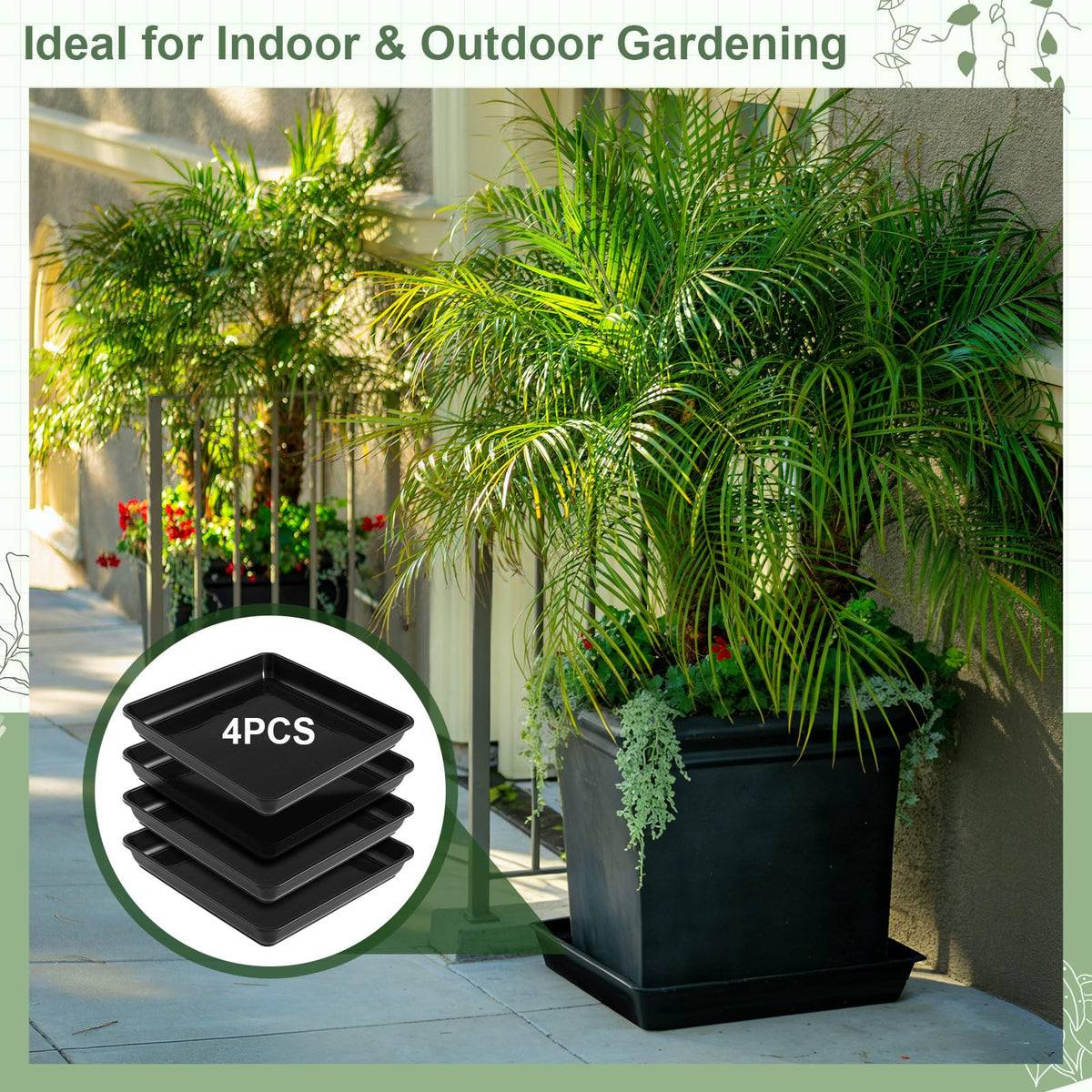 Vesici 4 Pack Large Squared Plant Saucer 23.6 x23.6”x 3” Black Plastic Garden Square Potting Tray for Indoor Outdoor Plant Water Receiving Tray for Flower Pot Planter, Windowsill