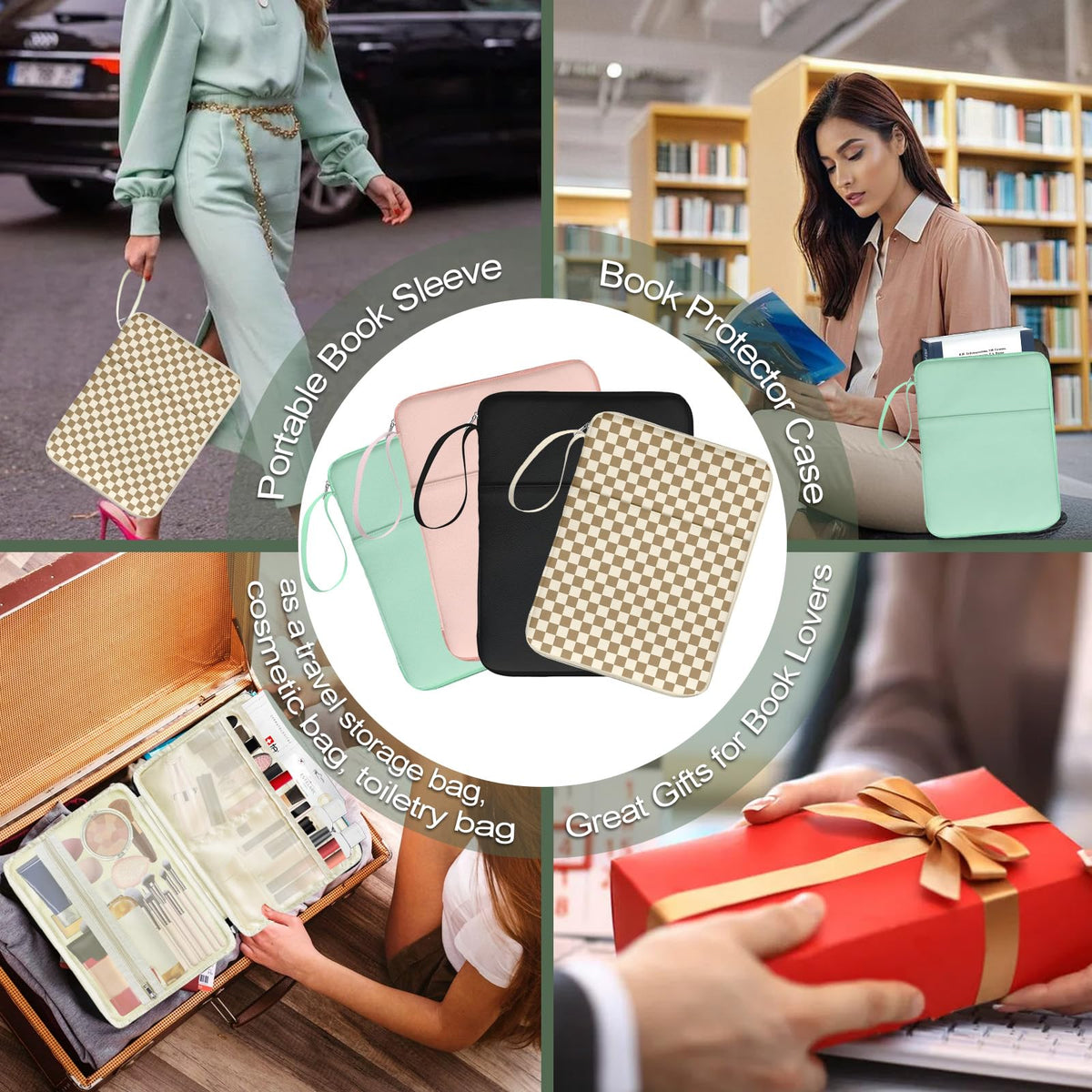 QRZIQRZ Black Book Sleeve Kindle Pouch, Book Protector Case with Zipper, PU Leather Waterproof Book Cover Bag, Portable Book Pouch for Book Lovers Gifts Paperbacks Bibles Hardcover