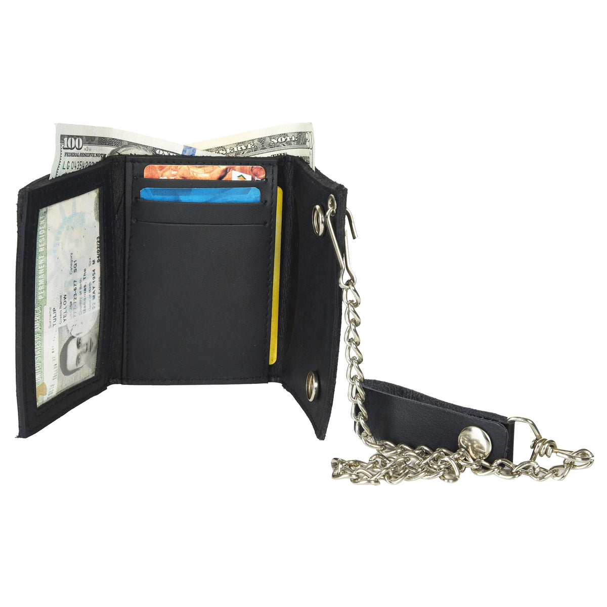 Leatherboss Genuine Leather Men Trifold Biker Chain Wallet Credit Card Holder for Motorcycle Bikers Truckers, Black