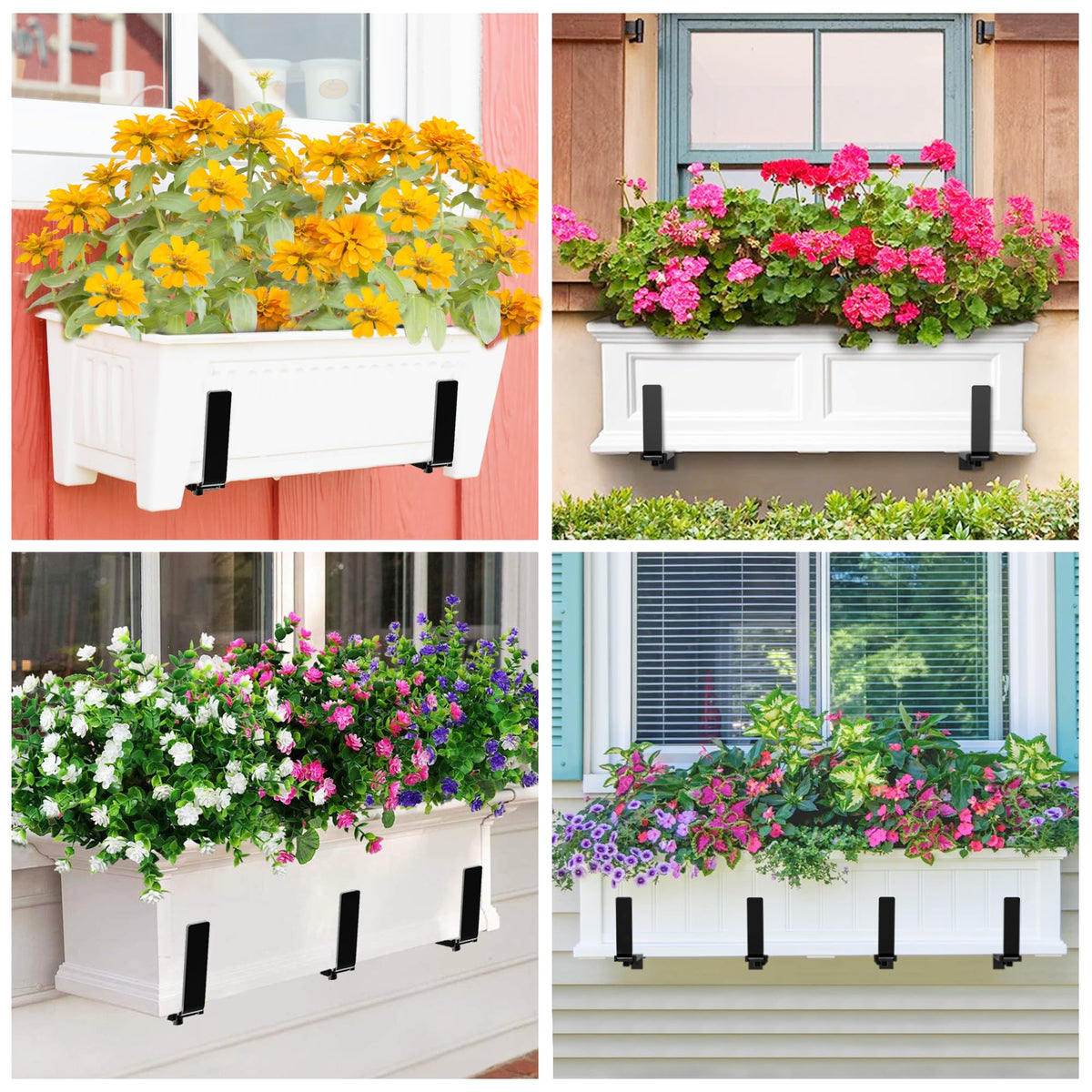 Y&M Window Box Brackets, Heavy Duty Iron Adjustable Planter Flower Box Brackets for Railings, Perfect for Balconies, Fences, and Gardens(4 Packs)