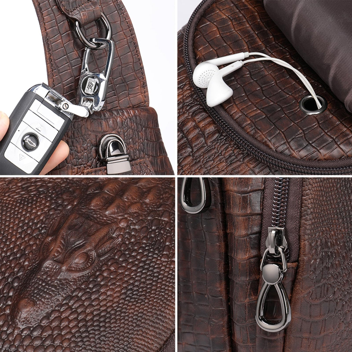 NIUCUNZH Crocodile Pattern Leather Sling Bag with Leather Strap, Zipper Crossbody Shoulder Bags Purse for Travel Hiking Brown