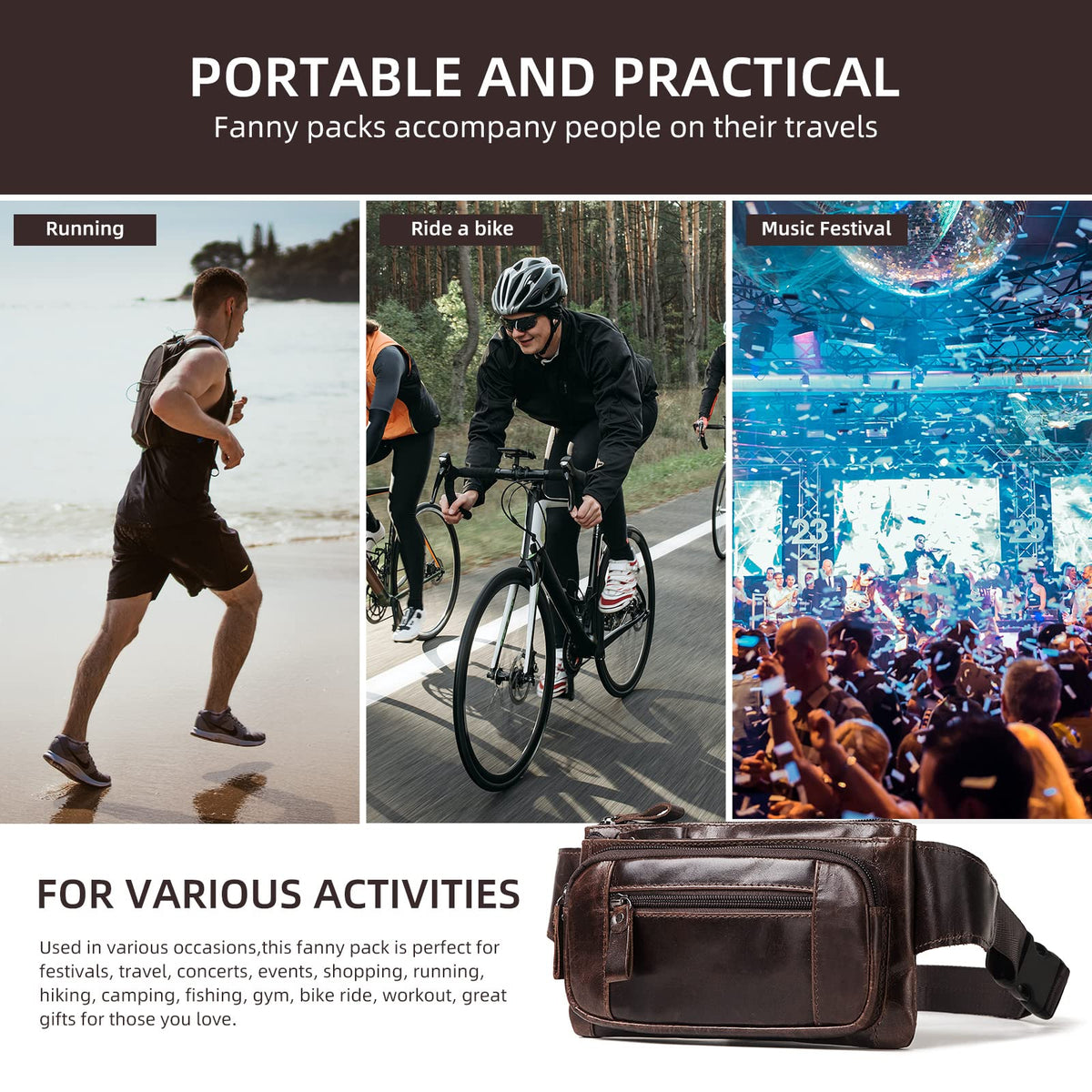 HUMERPAUL Leather Fanny Pack for Men Women, Fashion Waist Packs Small Crossbody Chest Bag with Adjustable Belt for Outdoor Travel Hiking Cycling