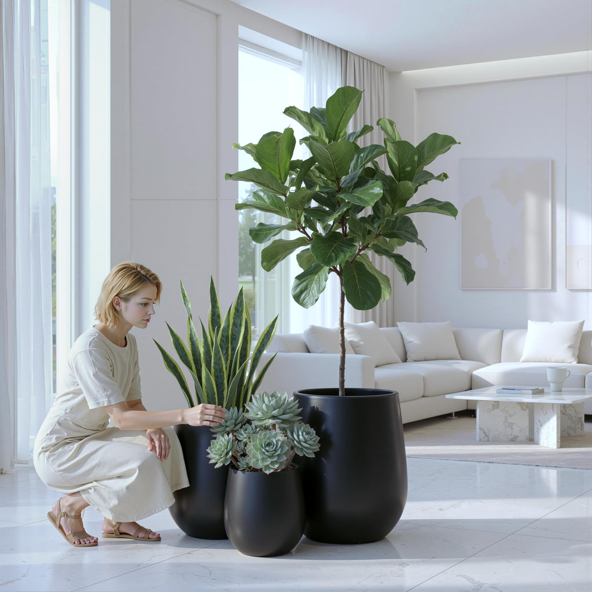 DTY Premium Mt Wilson Tall Tapered Fiberstone Planter for Indoor Outdoor Use, Modern Large Olive Tree Pot with Drainage Hole, Includes 2 Coco Mats. Black, Large 20.1'' D x 21.9'' H. 15.4” Pot Opening