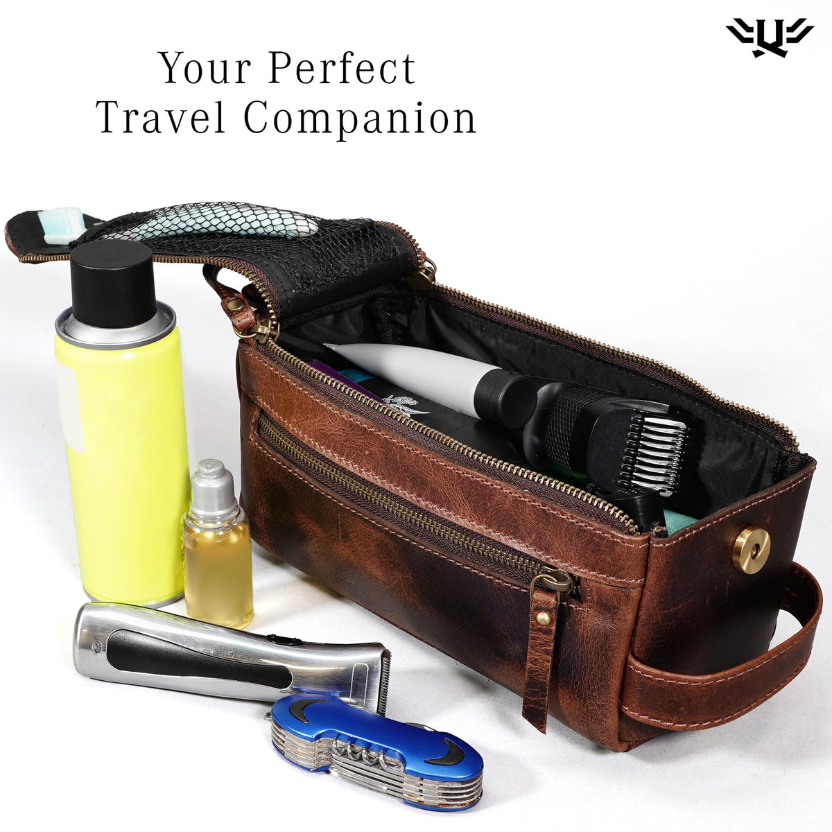 LushLuxeoria Premium Handmade Genuine Leather Toiletry Bag for Men & Women, Dopp Kit & Shaving Travel Organizer, Cosmetic Wash Bag with Zipper Pocket Travel Pouch, Gift for Him & Her - Dark Brown