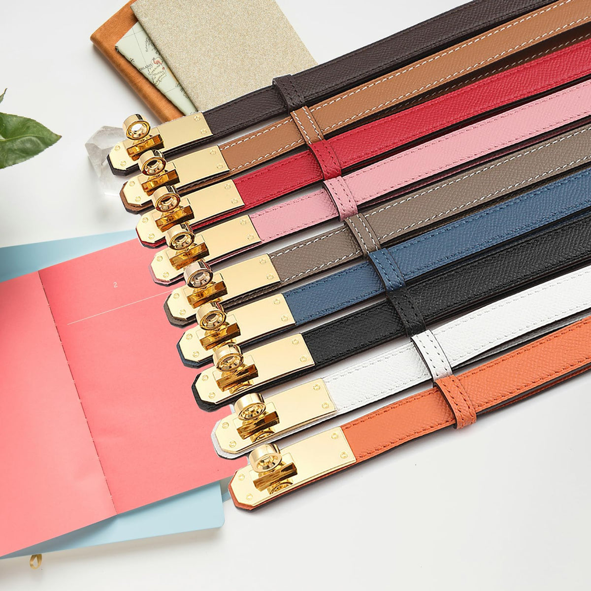 Ovekaut Women Skinny Leather Belt Solid Color Alloy Turn Lock Adjustable Waistband for Dresses Jeans Coats