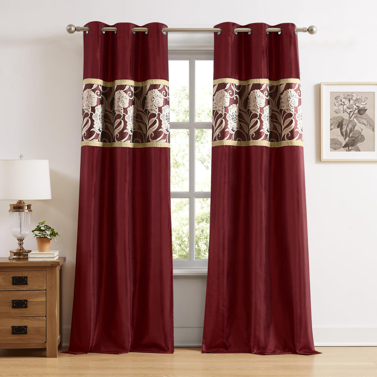 Stratford Park Red and Gold Comforter Set Queen Size, 9 Piece Jacquard Floral Bedding Set, All Season, Ultra-Soft, Matching Pillows & Shams, Bed Skirt, Curtains