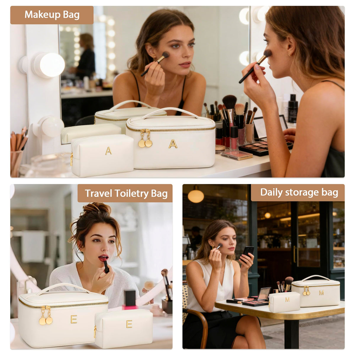 CLOUDWINGS Personalized Initial Makeup Bag Gifts for Women, Large Travel Cosmetic Organizer with Handle & Divider, PU Leather Toiletry Bag for Girls, Birthday Bridesmaid Gift Set - Beige - J