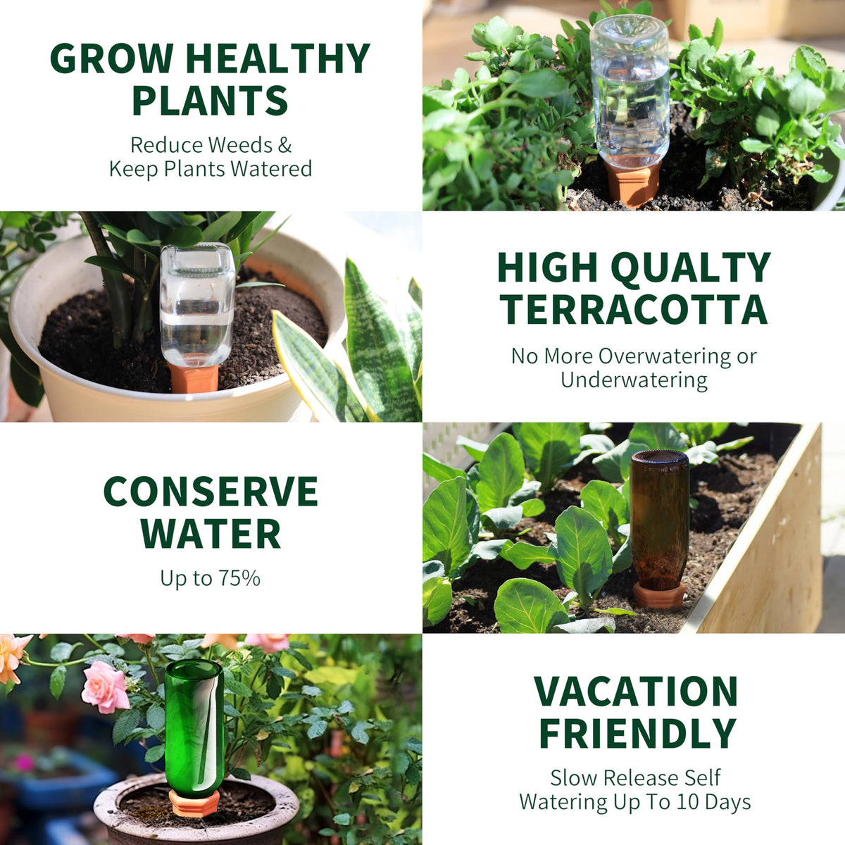 Soilagua Terracotta Watering Spikes, Wine Bottle Watering Stakes, Slow Release Self Watering Planter Insert for Out | Indoor Plants, Vacation Plant Watering Devices, Automatic Plant Waterer, 4-Pack