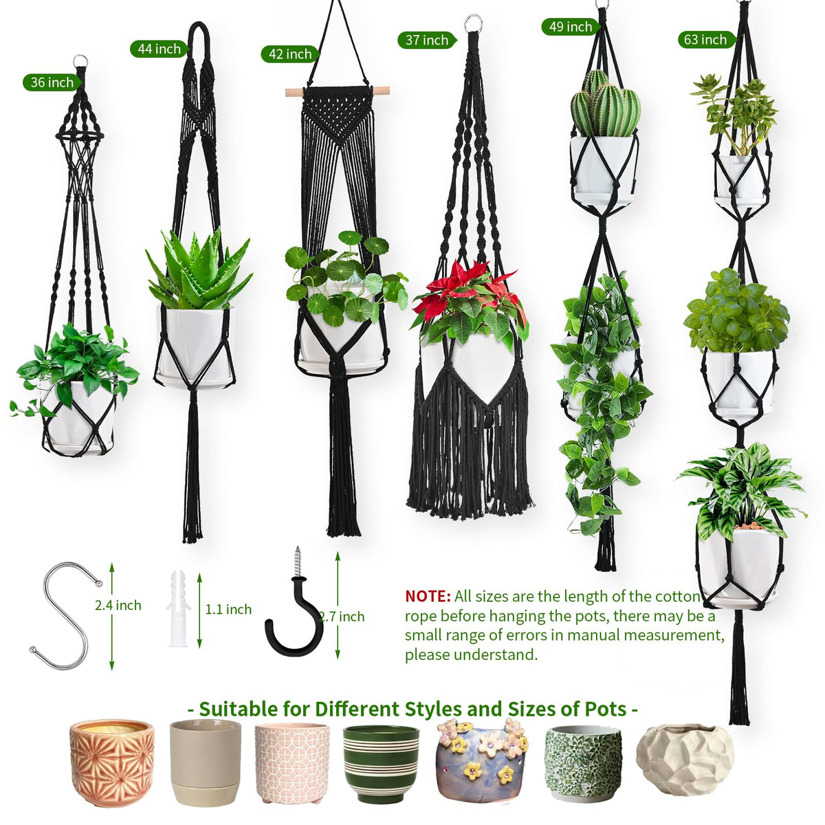 Macrame Plant Hangers, 6Pack Hanging Plant Holders Indoor w/ 6 Set Hooks Handmade Cotton Rope Plant Hangers Set Flower Pots Holder Stand Boho Home Decor Hanging Planters for Indoor Outdoor Plants