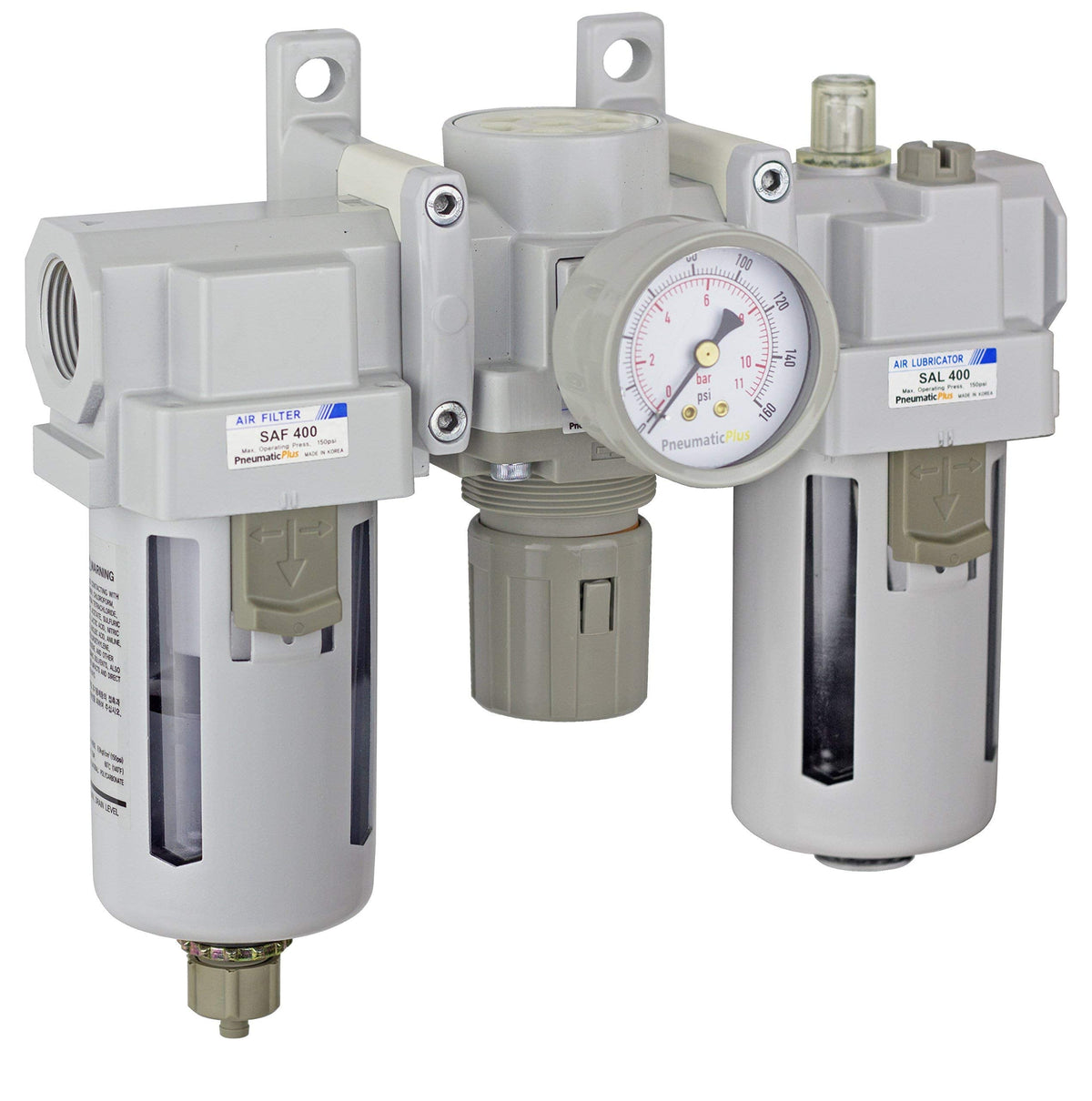 PneumaticPlus SAU400-N06G Compressed Air Filter Regulator Lubricator Combo 3/4" NPT - Poly Bowl, Manual Drain, Bracket, Gauge