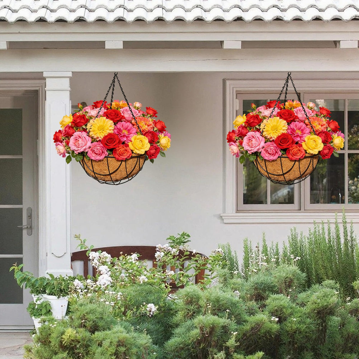 Qusuxi 2 Pack 12 Inch Metal Outdoor Hanging Baskets Black Heavy Duty Hanging Planters with Coco Liners for Indoor Outdoor Plants Gardens Patios Terraces(Earth)