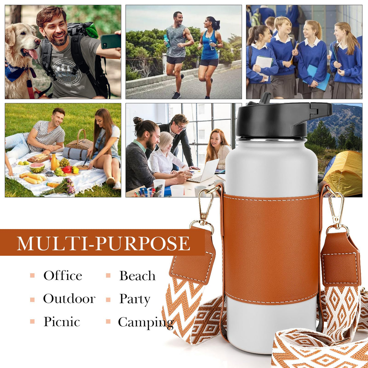 Linkidea Vegan Leather Water Bottle Carrier with Strap Compatible with Hydro Flask Wide Mouth 32oz, Iron Flask, Waterbottle Sling Bag Holder with Shoulder Strap