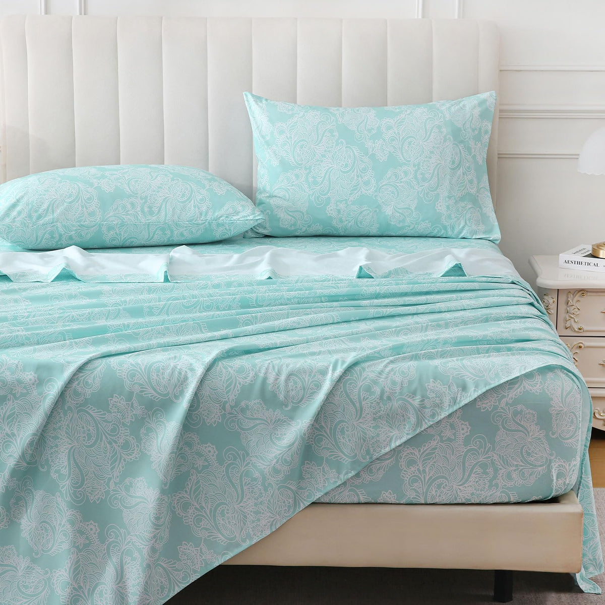 ChicView Queen Size Paisley Printed Sheet Set,4 Pieces Boho Style Breathable Soft Microfiber Bedsheets, Anti Pilling Deep Pockets Easy Care Bed Sheets, Blue