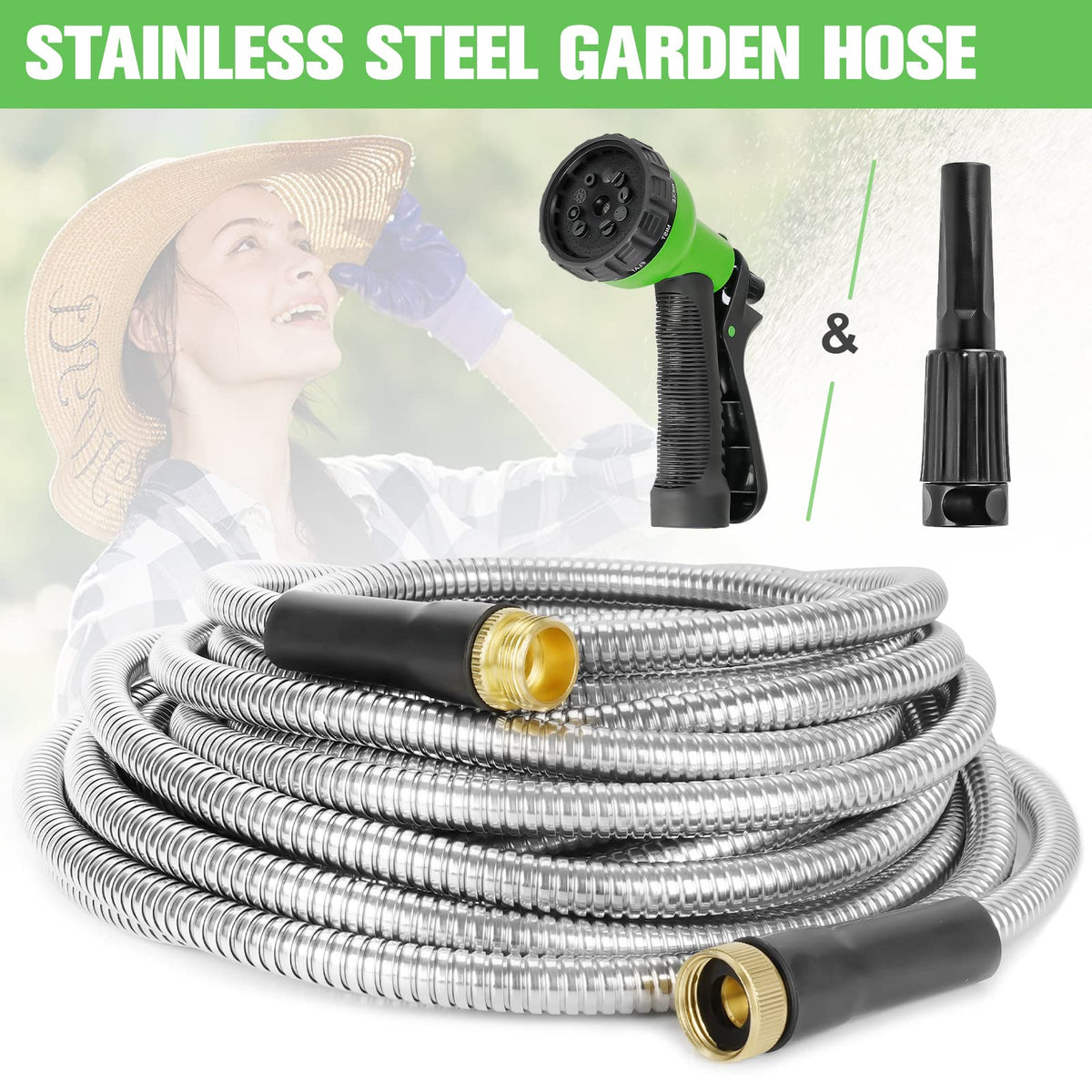 TVKB Metal Garden Hose Stainless Steel Metal water Hose Super Tough & Flexible Water pipe Lightweight, Crush Resistant Aluminum Fittings, Kink & Tangle Free, Rust Proof (50FT)