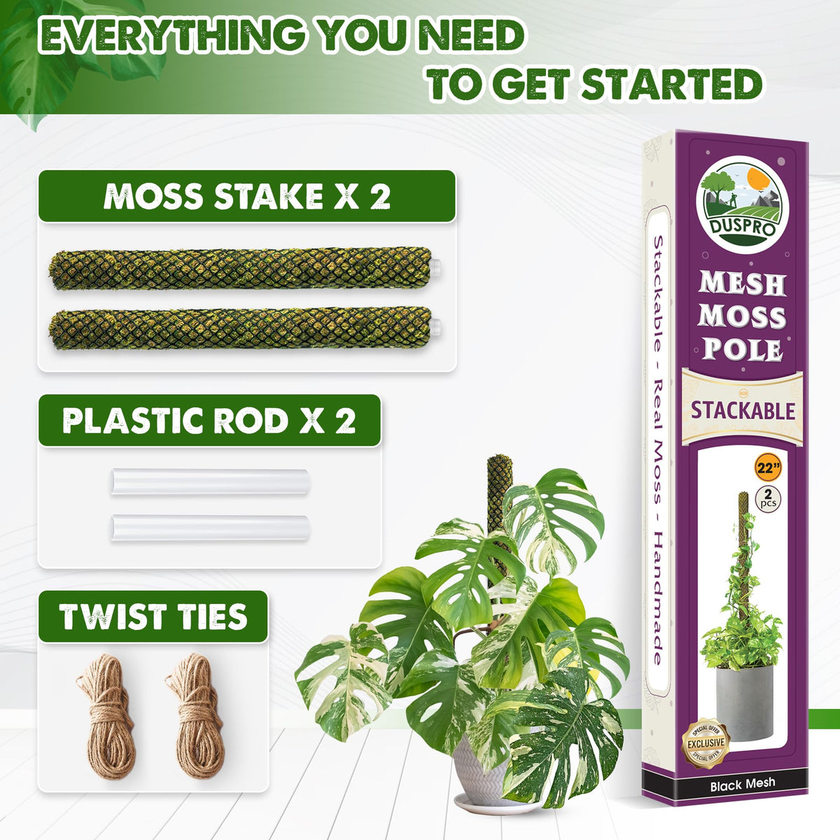 DUSPRO 2 Pack 22" Black Stackable Mesh Moss Pole for Plants β Extendable Up to 39", Natural Forest Moss Pole Monstera Plant Support, Moss Stick for Climbing Plants, Indoor Plant Stakes Accessories