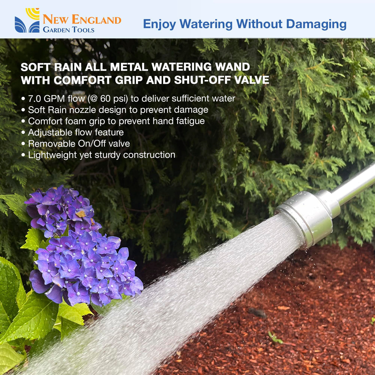 18 Inch Soft Rain Watering Wand 600007, Gentle Shower Spray, Heavy Duty Lightweight Metal Build, Comfort Grip, Flow Control Shut Off Valve, for Plants, Yards, Cars & Pets, by New England Garden Tools