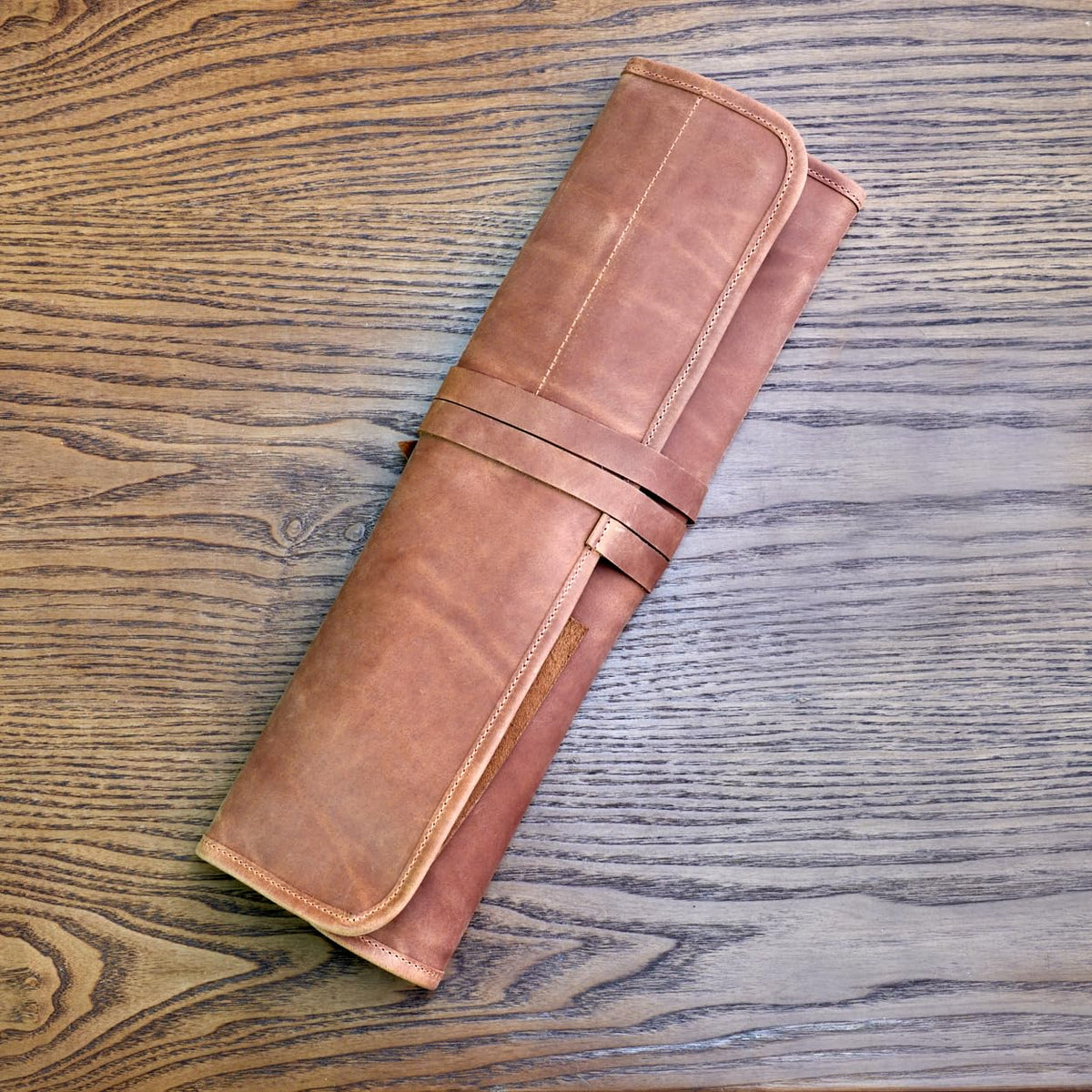 OMBUO Professional's Leather Knife Roll Bag, Leather Knife Roll For Chef, Caramel Brown
