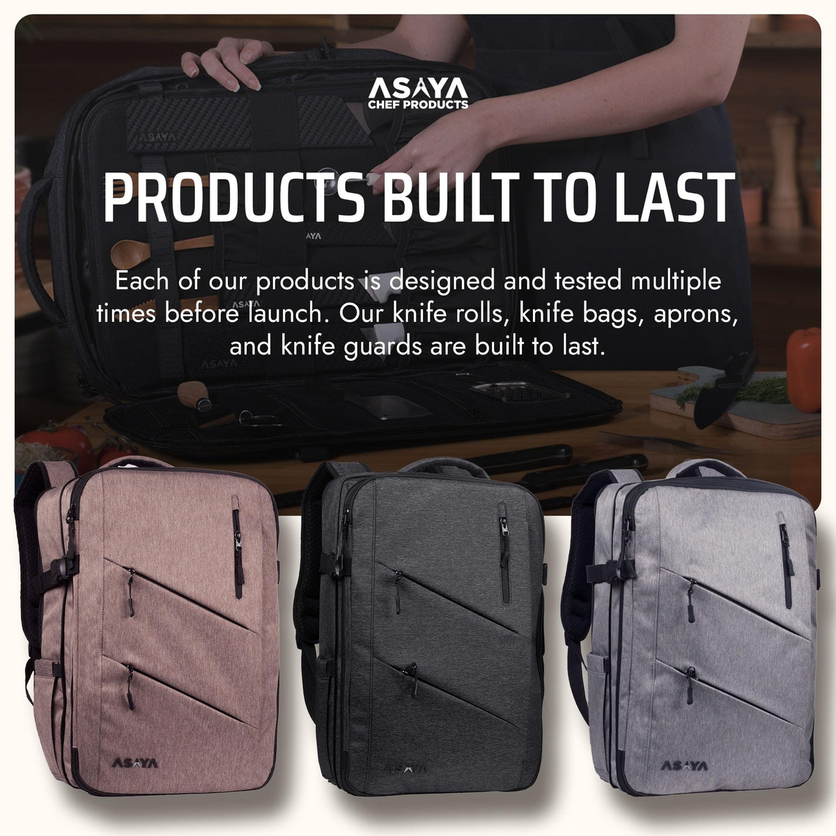 Asaya Chef Knife Backpack with 20-Pocket Knife Roll Bag - Over 30 Storage Pockets Chef Bag, Professional Backpack for Chefs and Culinary Students – Knives Not Included (Brown)