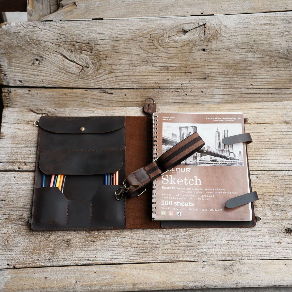 Handmade Leather Sketchbook Cover, Leather Artist Sketch Pad Cover for 9" x 12" Sketchbook, Drawing Book and Pencil Case, Journal Notebook Portfolio, Artis Drawing Gifts (darkbrown)