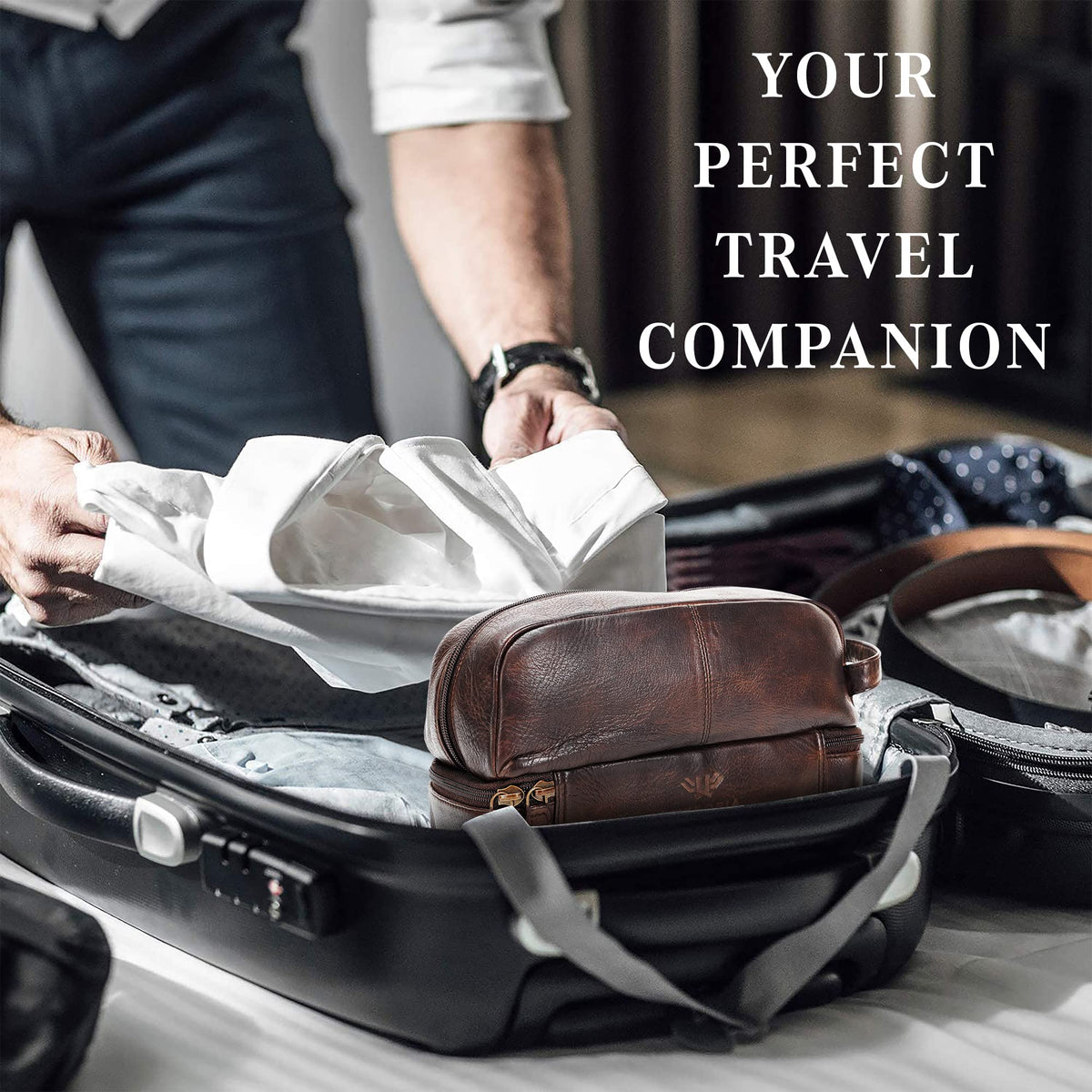 LushLuxeoria Premium Handmade Leather Toiletry Bags for Men and Women, Genuine Leather Dopp Kit and Shaving Bag for Men, Travel Cosmetic Bag for Women's and Men's, Retro - Cognac